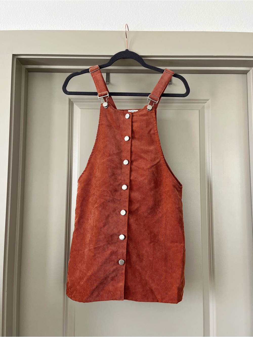 Francesca's Orange Corduroy Overall Mini Dress